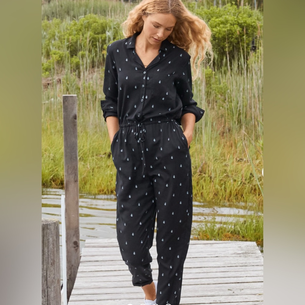 Garnet Hill Essential Button-Front Jumpsuit Size 12‎ Pockets Boho Tencel